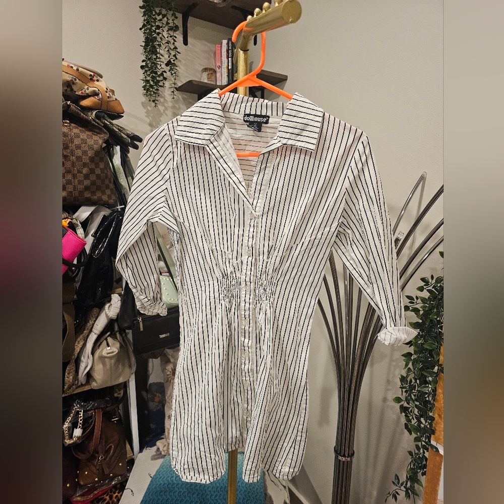 Vintage Black & White Striped Button-Up Shirt Dress